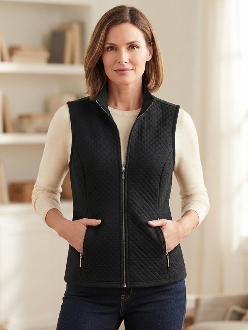 Black Quilted Vest with Zipper Front And Pockets Size M